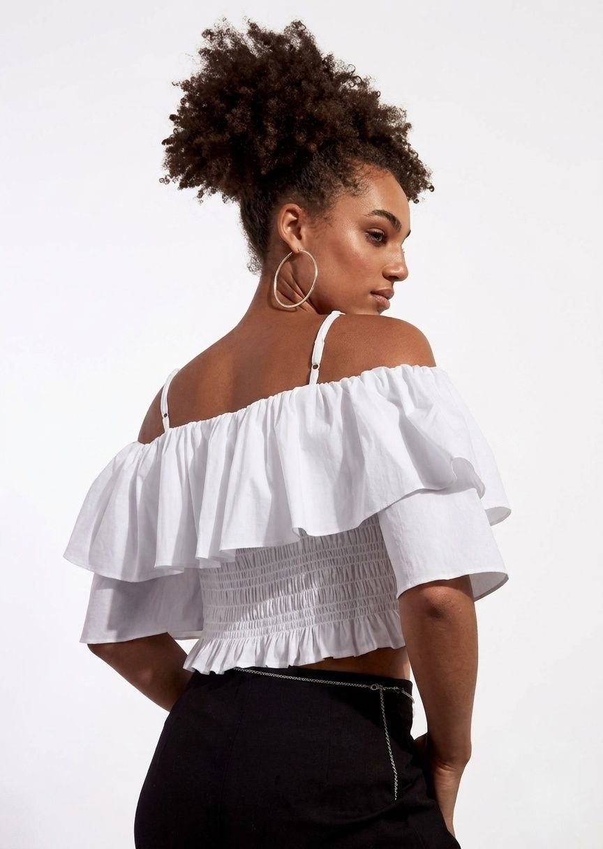 Textured Crop Top with Spaghetti Straps and Flounce Sleeves