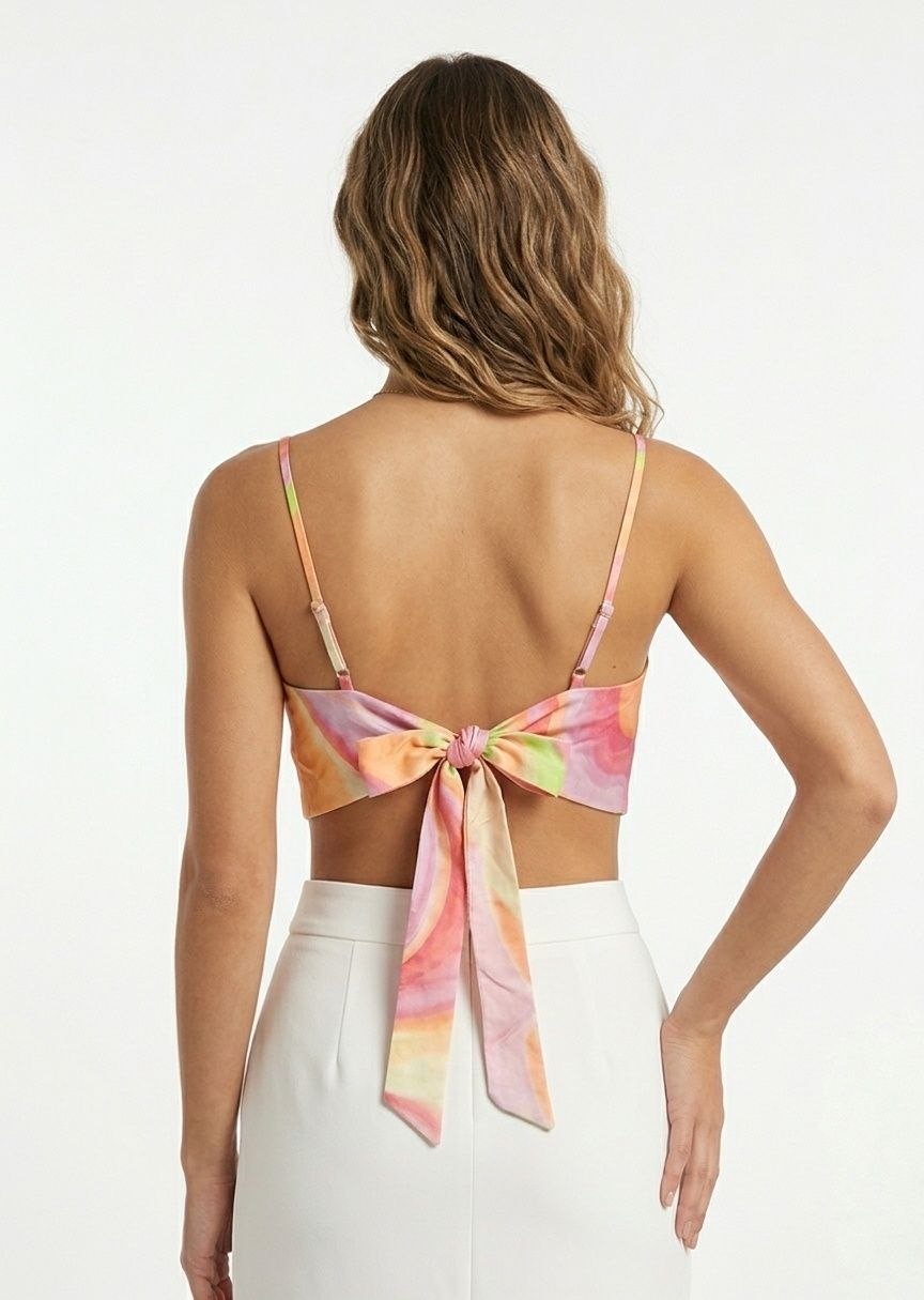 BERSHKA Women's Marble Print Tie-Back Crop Top
