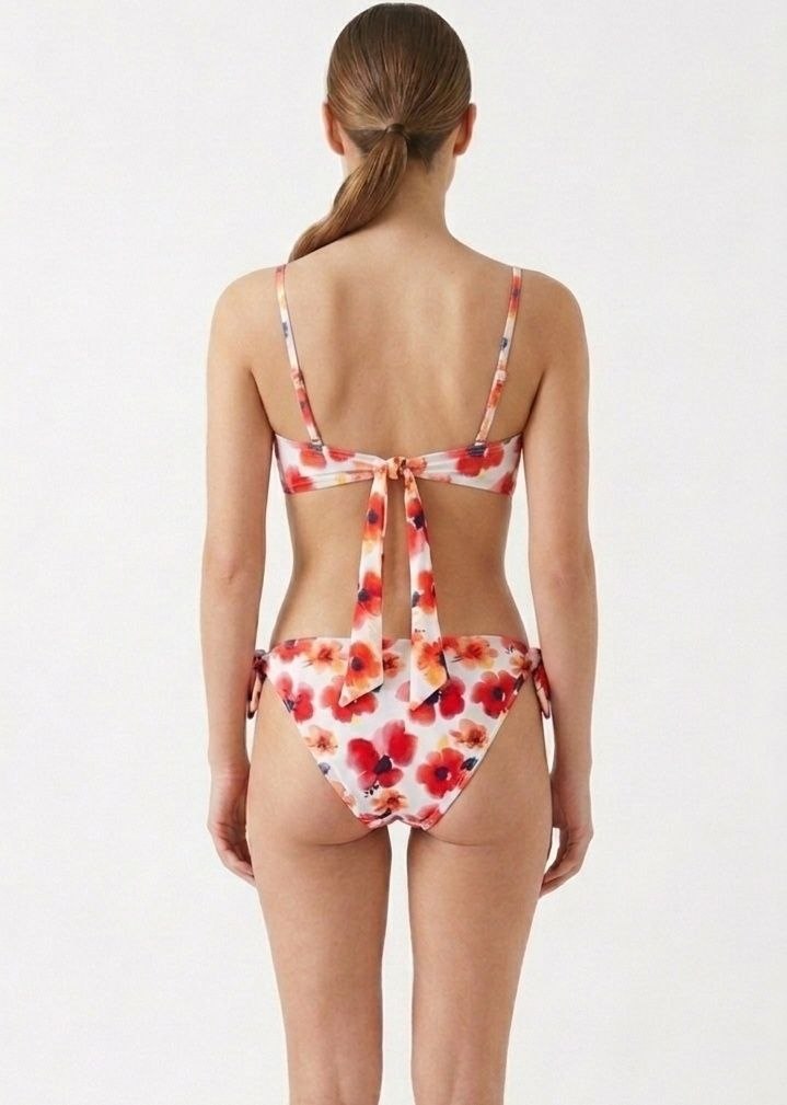 ESMARA Floral Bandeau Knot-Front Bikini Set with Side-Tie Bottoms