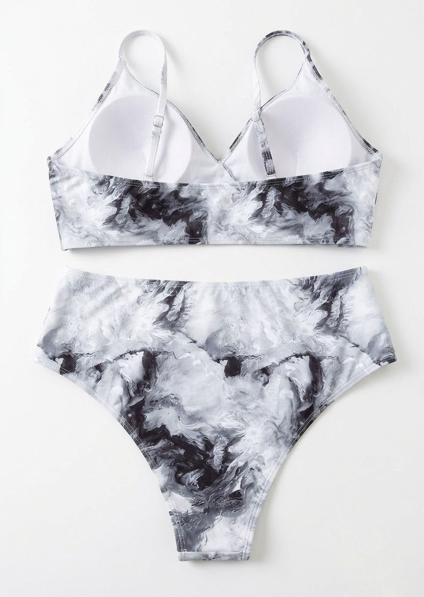 SHEIN Marble Print Surplice High-Waisted Bikini Set