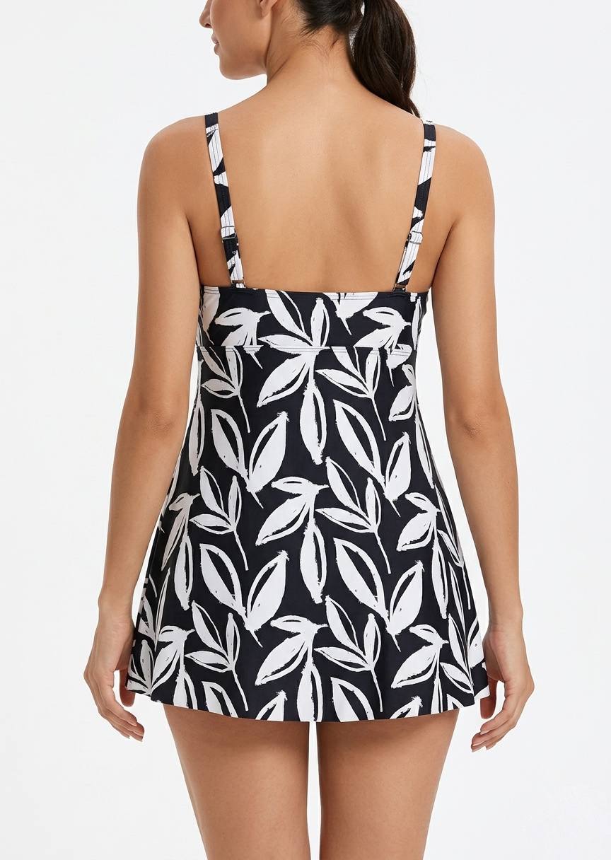 TU BRAND Black and White Leaf Print Swim Dress with V-Neck