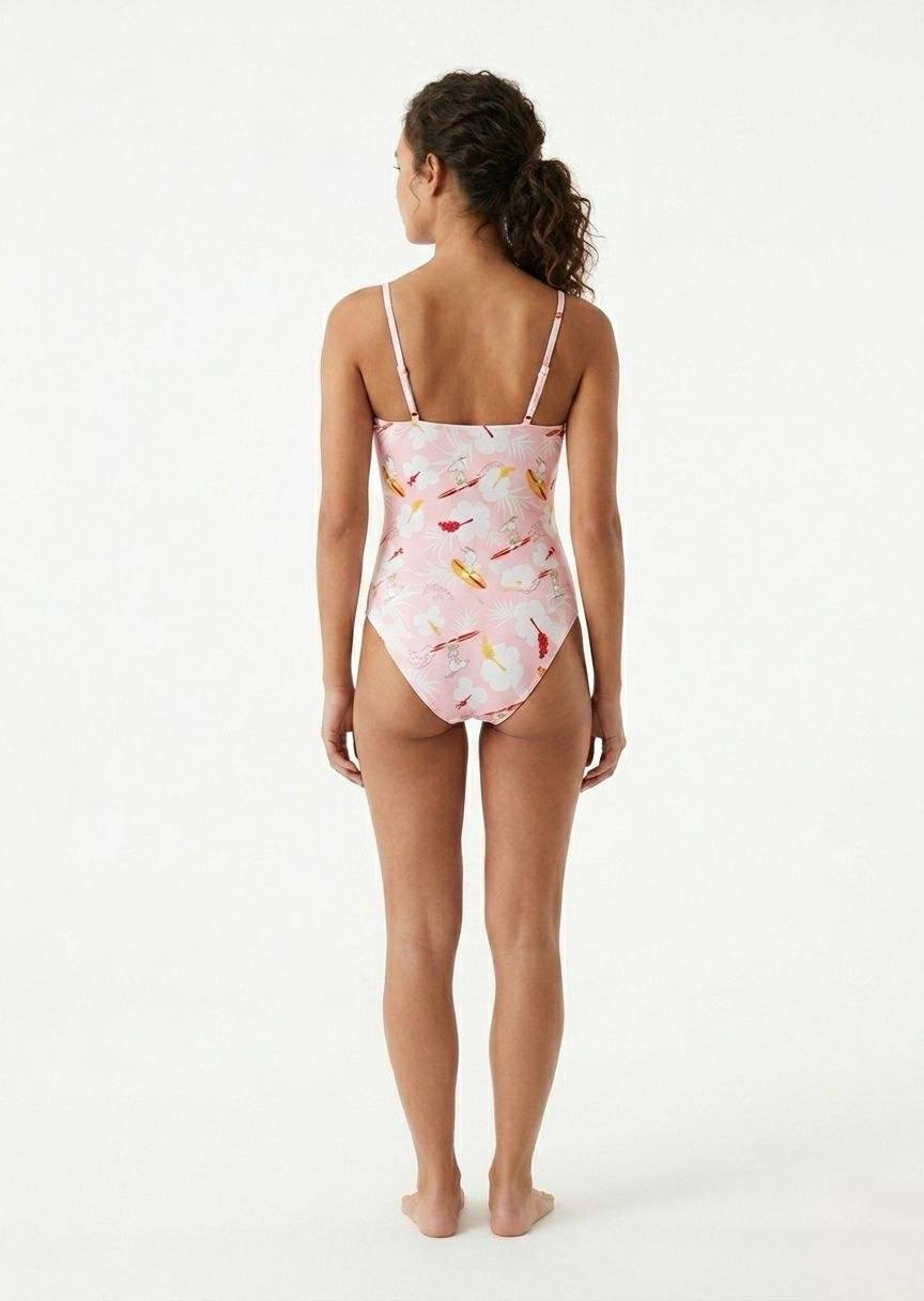ROMWE Women's One-Piece Swimsuit - Pink Tropical Snoopy Print