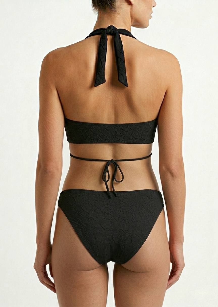 SHEIN Black Cut-Out Halter One-Piece Swimsuit with Textured Finish