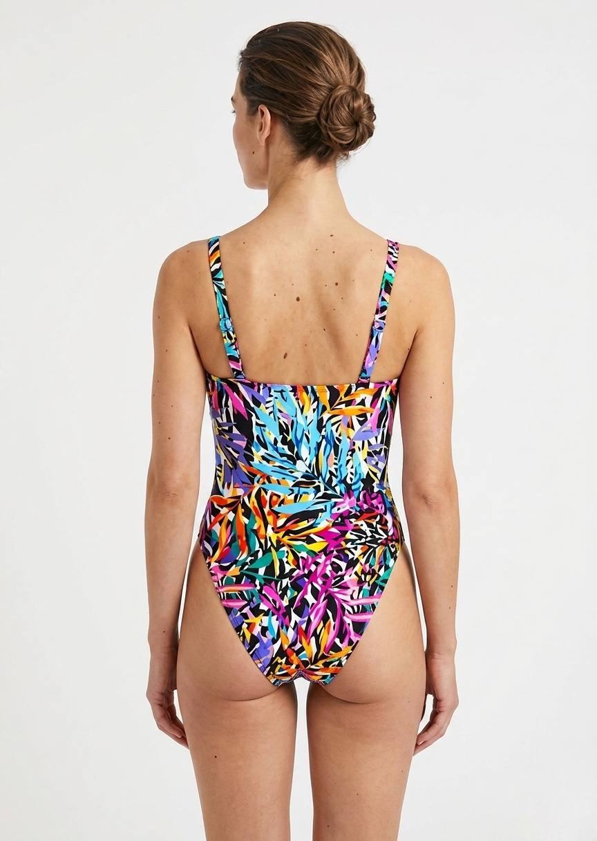 TU BRAND Tropical Leaf Print V-Neck One-Piece Swimsuit