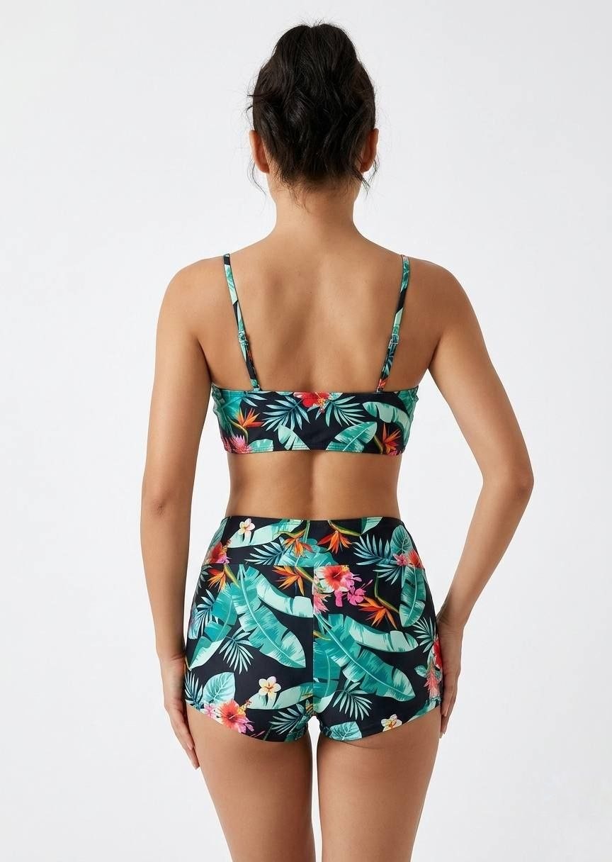 SHEIN Tropical Floral High-Waisted Swim Shorts Bikini Set - Black