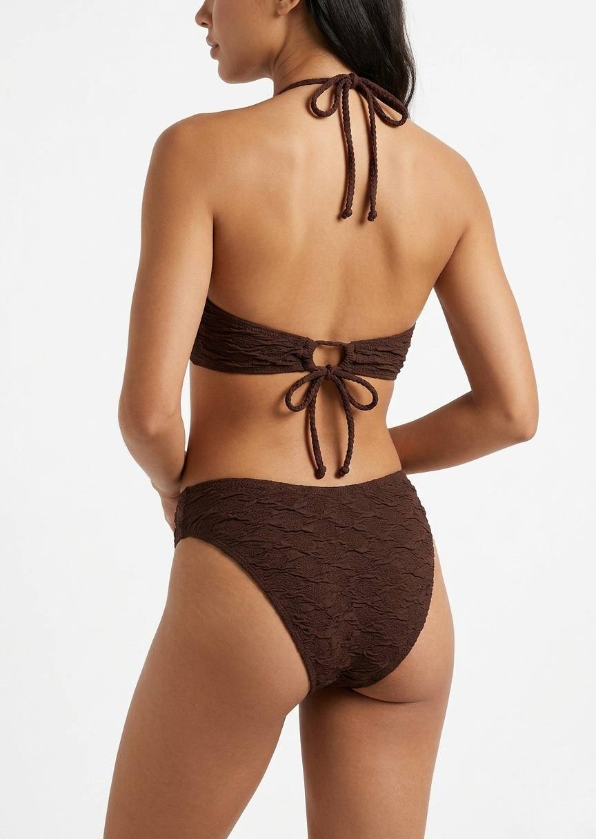 SHEIN Textured Brown Halter Bikini Set with Cut-Out Detail