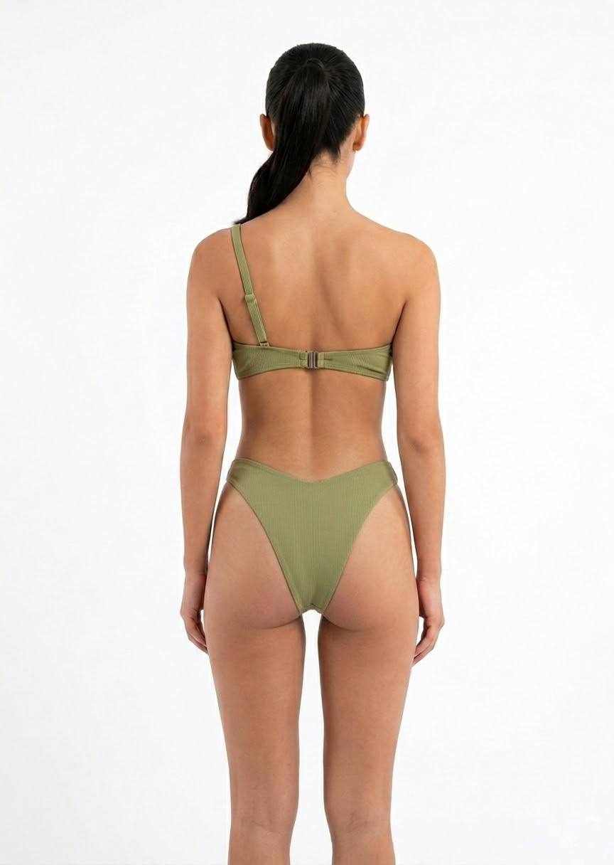 SHEIN Olive Ribbed One-Shoulder Cut-Out Bikini Set