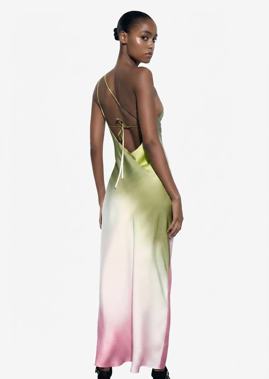 ZARA Ombré Satin One-Shoulder Maxi Dress