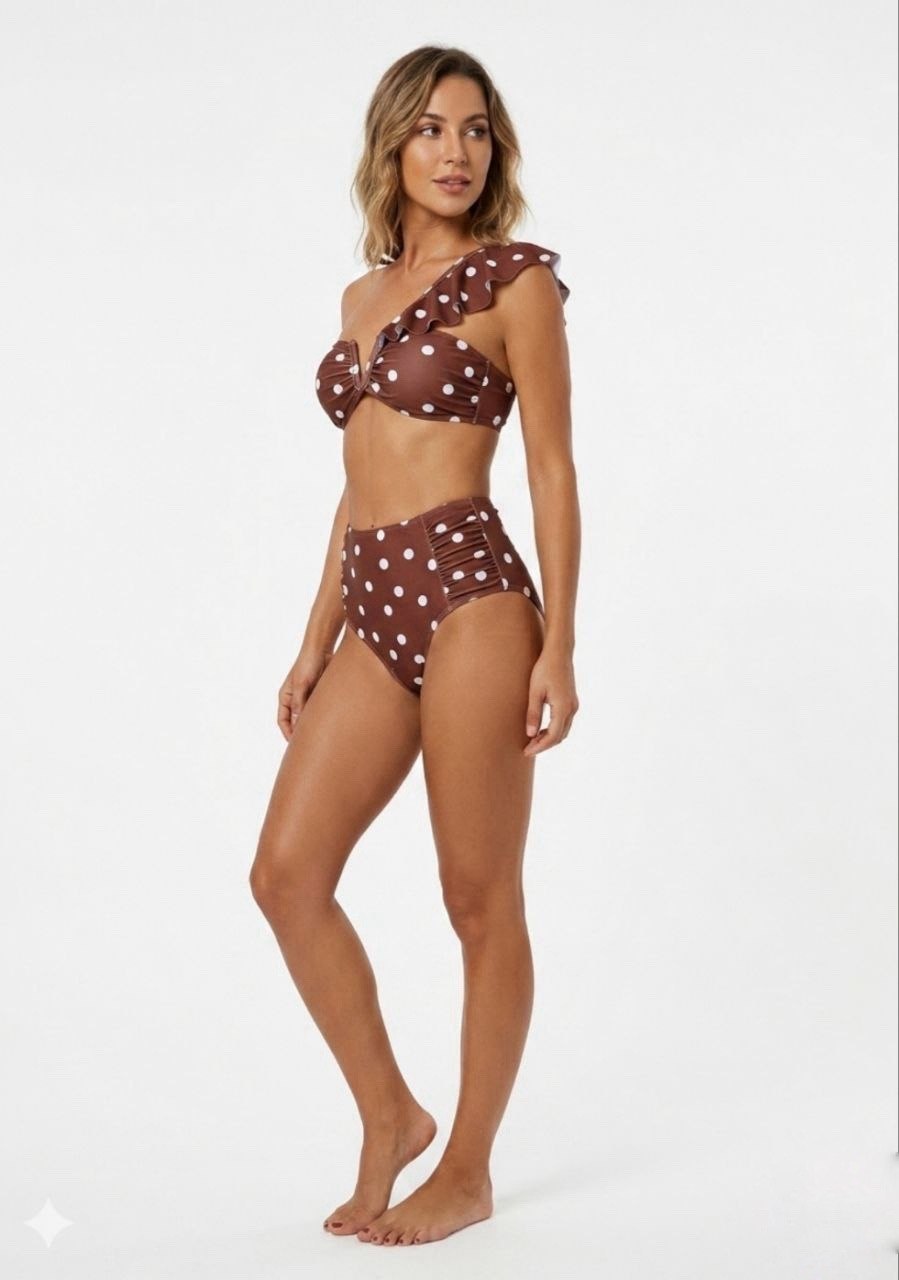 SHEIN Polka Dot One-Shoulder Ruffle Bikini Set with High-Waisted Bottoms - Brown
