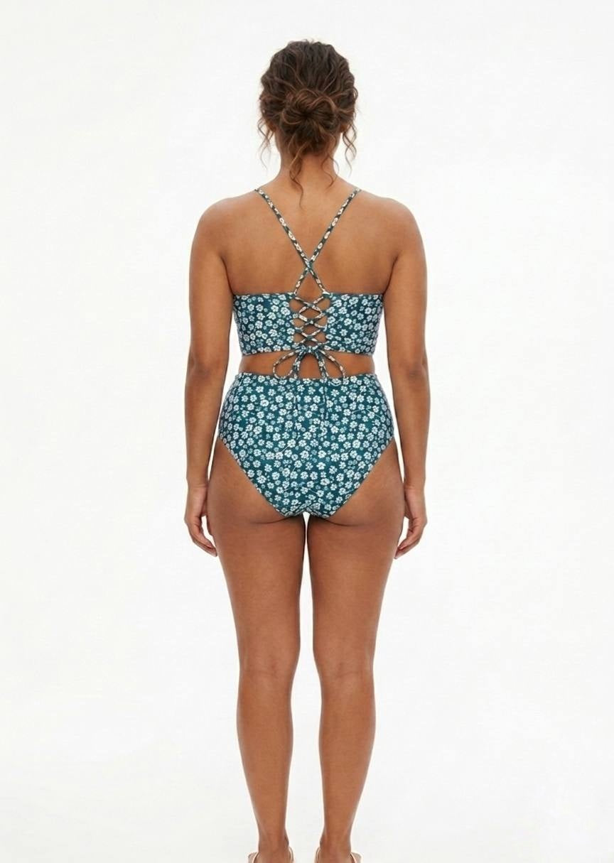 SHEIN Women's High-Waisted Floral Bikini Set - Lace-Up Back