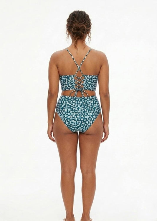 SHEIN Women's High-Waisted Floral Bikini Set - Lace-Up Back
