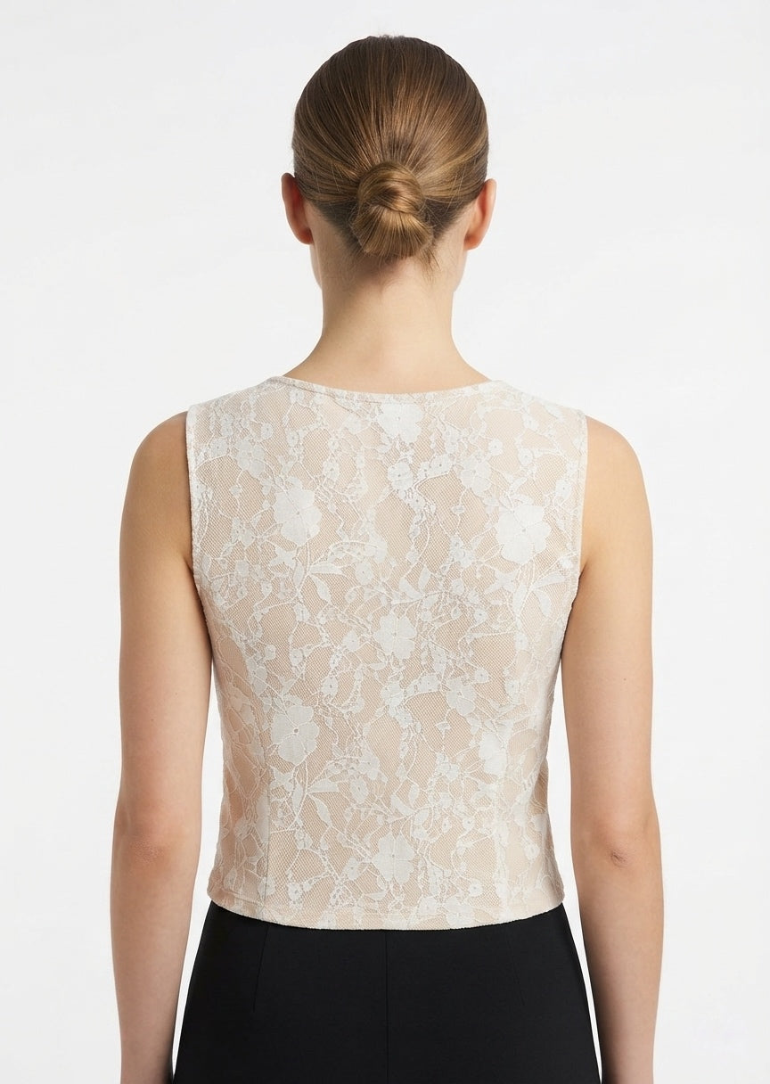 SHEIN Women's Floral Lace Tailored Vest Top - Beige & White