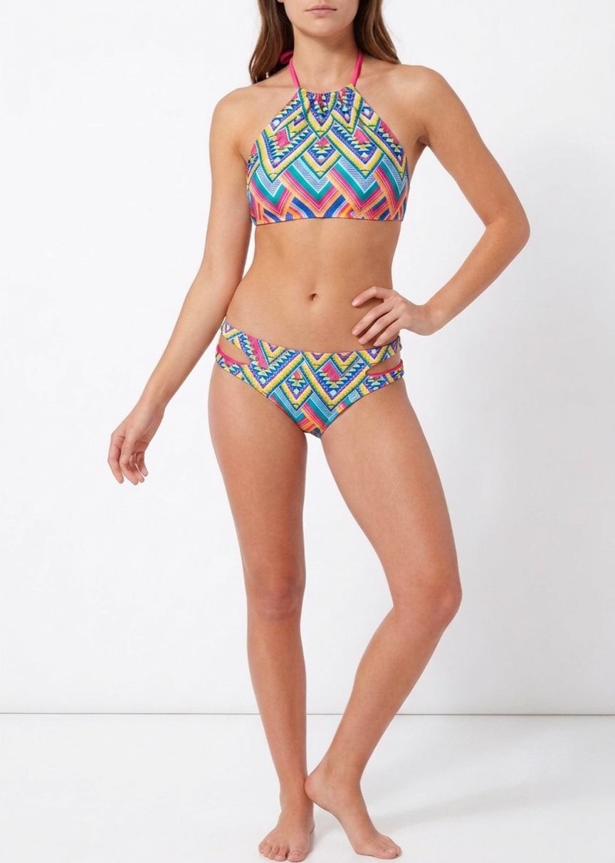 Tribal Print Halter Bikini Set with Cut-Out Details