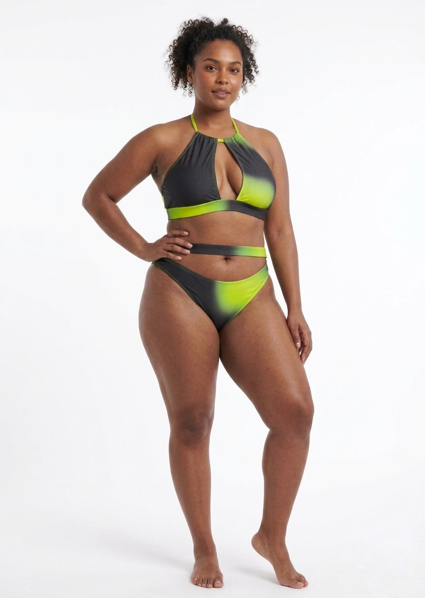 SHEIN Women's 3-Piece Bikini Set - Ombré Lime & Black Halter Swimsuit with Sarong