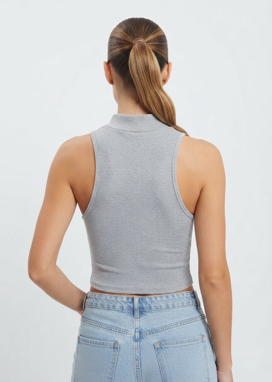 SHEIN Women's Mock Neck Ribbed Knit Tie-Front Crop Top - Heather Grey