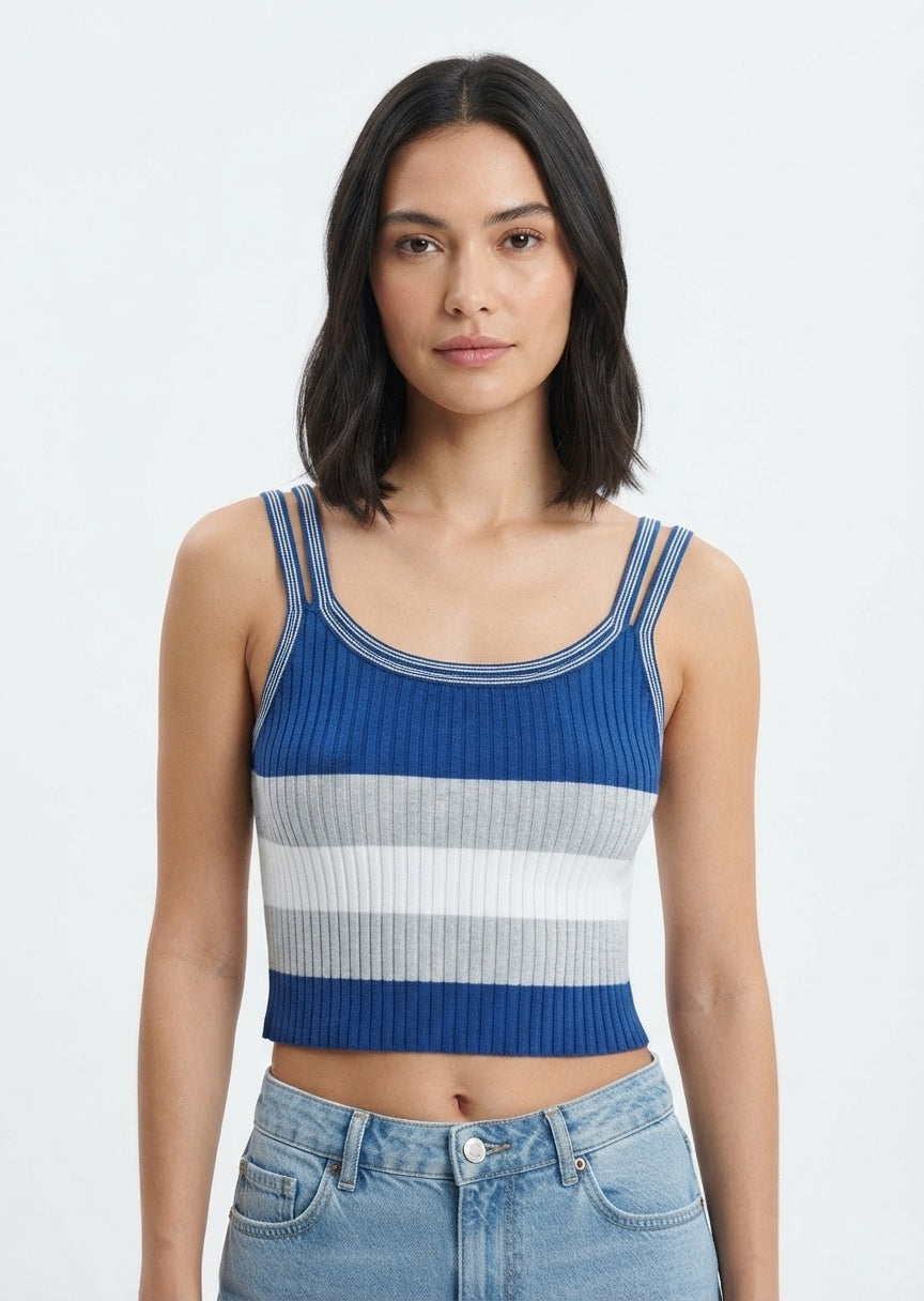 SHEIN Women's Striped Ribbed Knit Double-Strap Crop Top - Blue/White