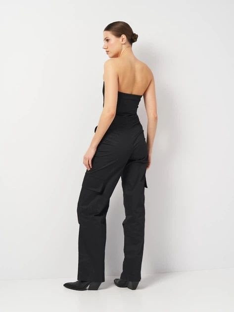 ZARA Women's Black Strapless Cargo Jumpsuit - Chic Utility-Style Wide-Leg Jumpsuit