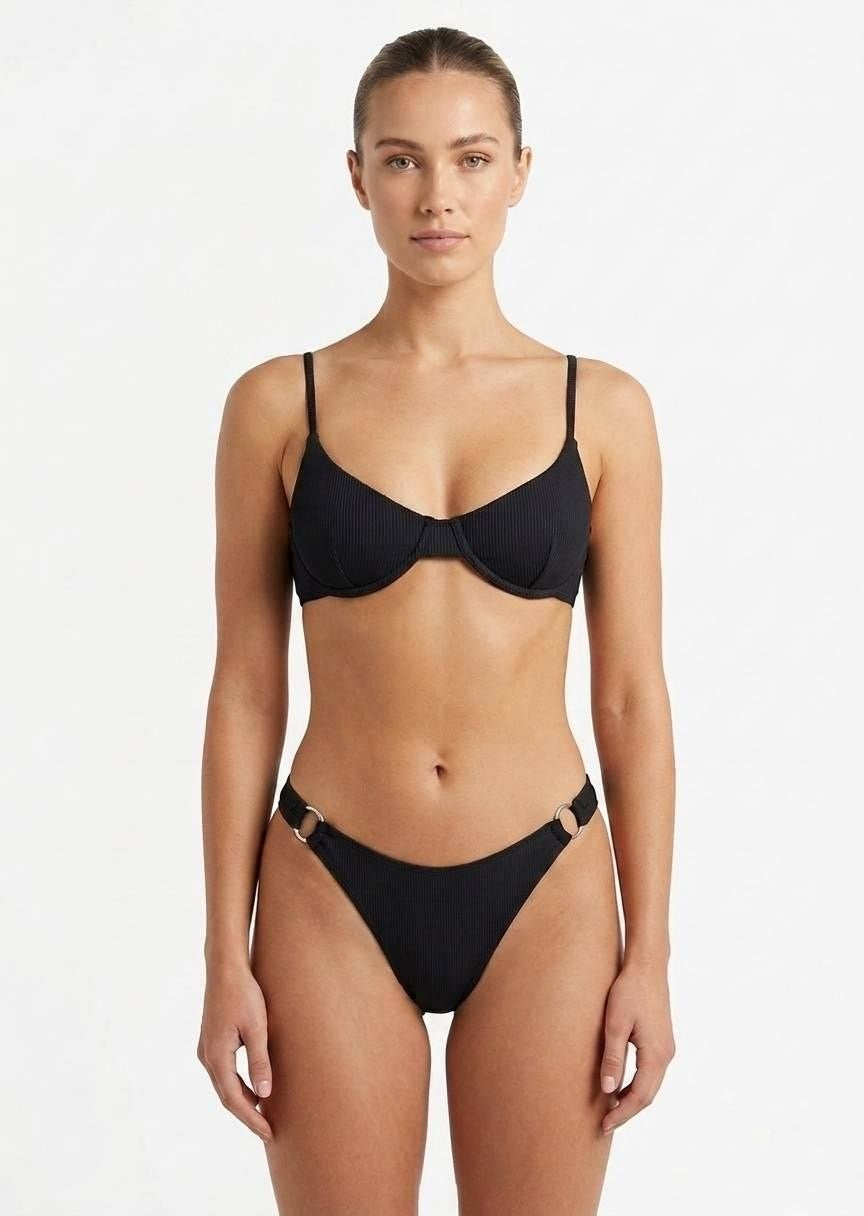 SHEIN Black Ribbed Underwire Bikini Set with Ring Detail