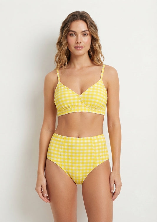 Kona Sol Brand Yellow Gingham High-Waisted Bikini Set