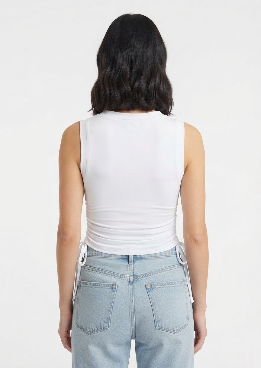 SHEIN Women's Gingham Plaid "USA" Graphic Ruched Crop Top - White