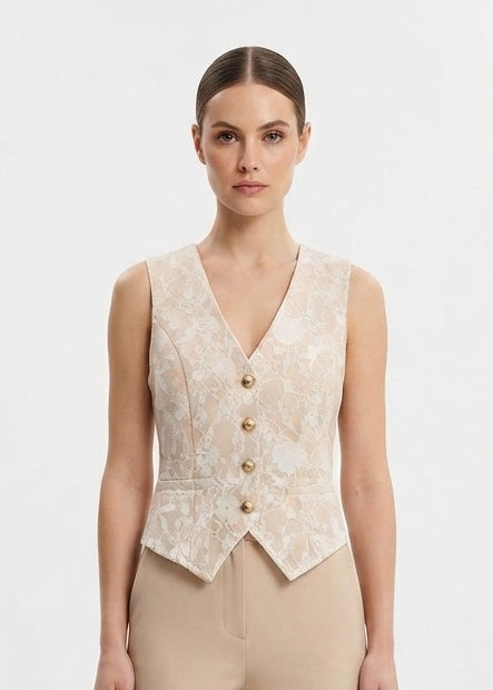 SHEIN Women's Floral Lace Tailored Vest Top - Beige & White