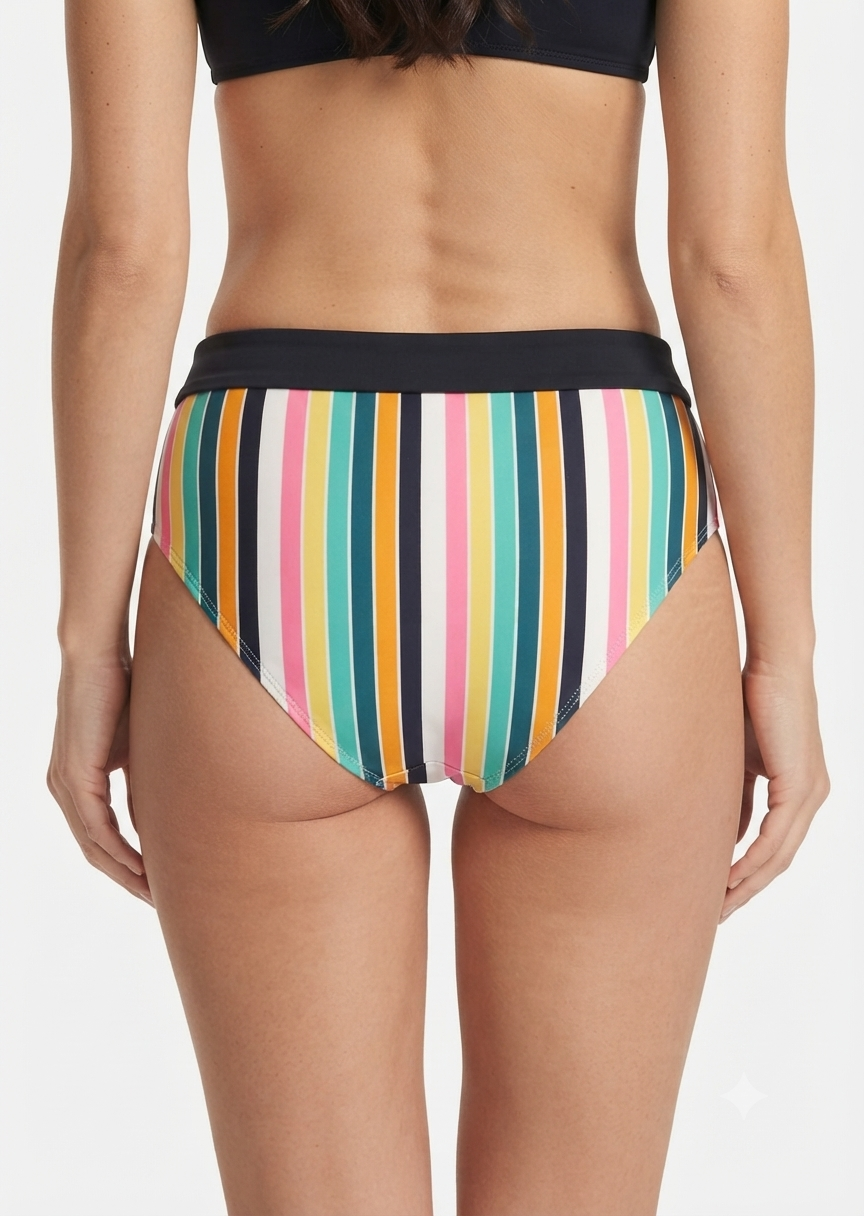 Striped Bikini Bottom with Contrast Waistband