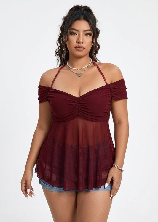 Shein Women’s Plus Size Mesh Off-Shoulder Ruched Peplum Top