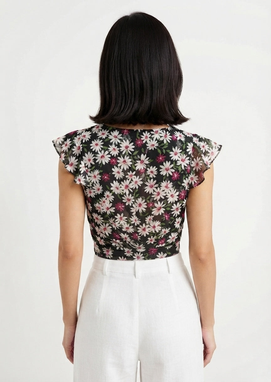 SHEIN Women's Floral Tie-Front Flutter-Sleeve Crop Top - Black