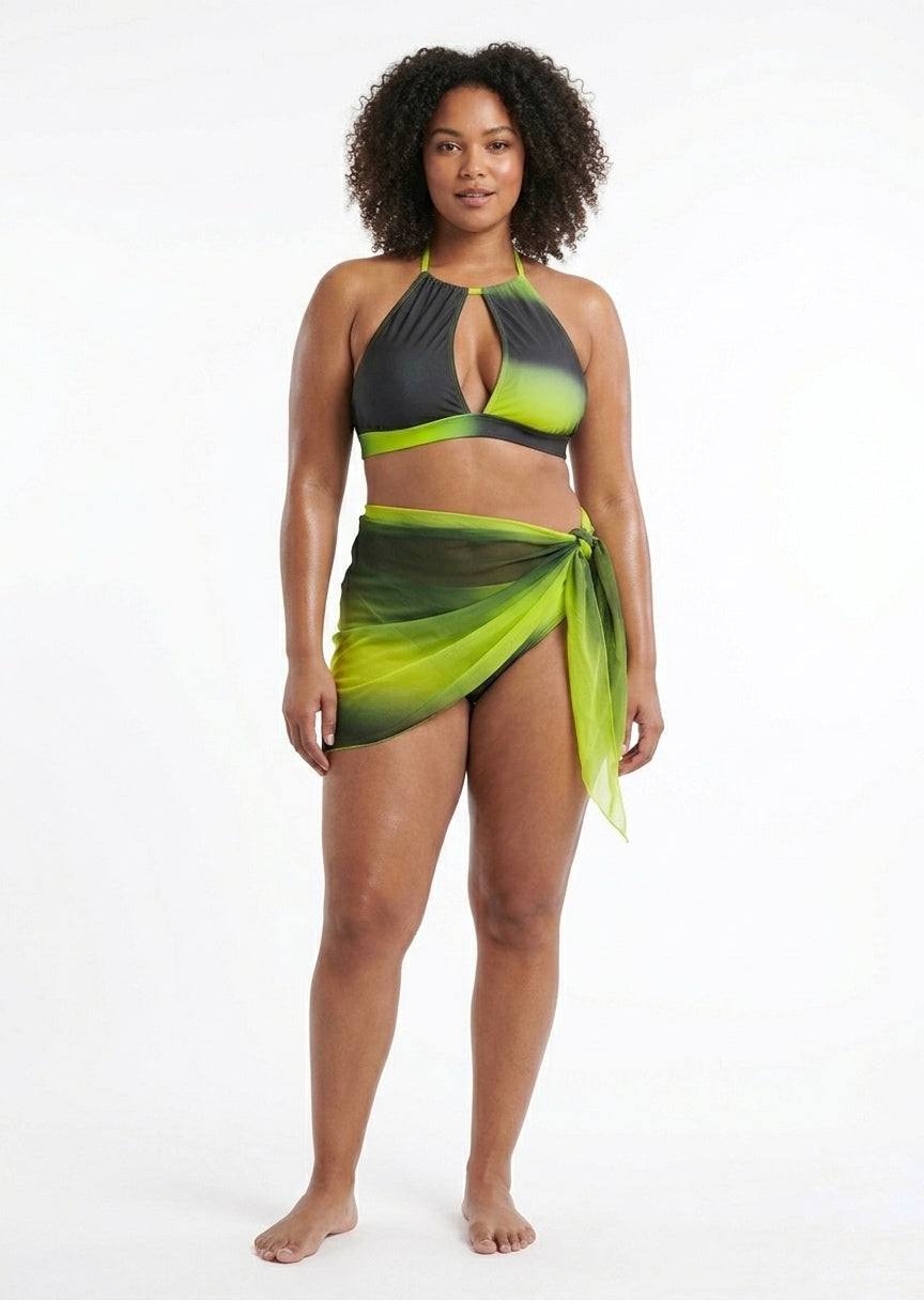 SHEIN Women's 3-Piece Bikini Set - Ombré Lime & Black Halter Swimsuit with Sarong