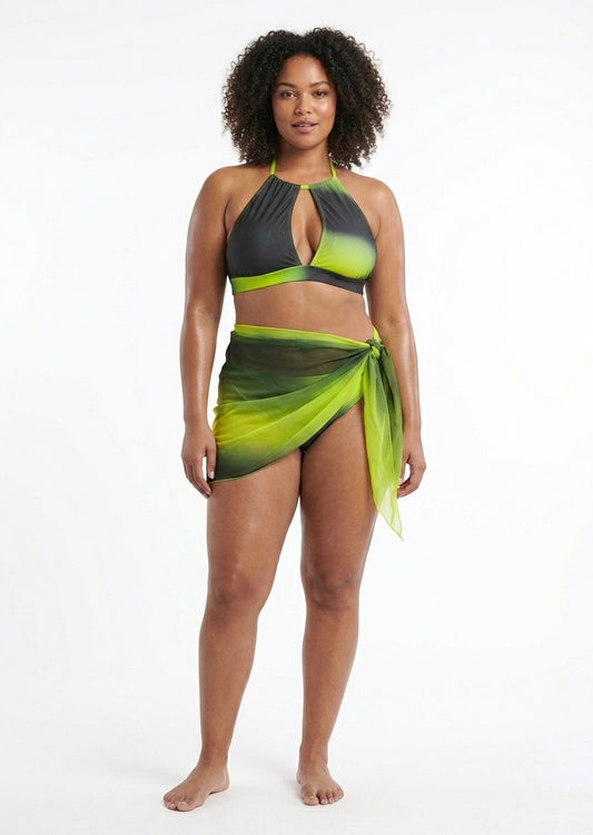 SHEIN Women's 3-Piece Bikini Set - Ombré Lime & Black Halter Swimsuit with Sarong