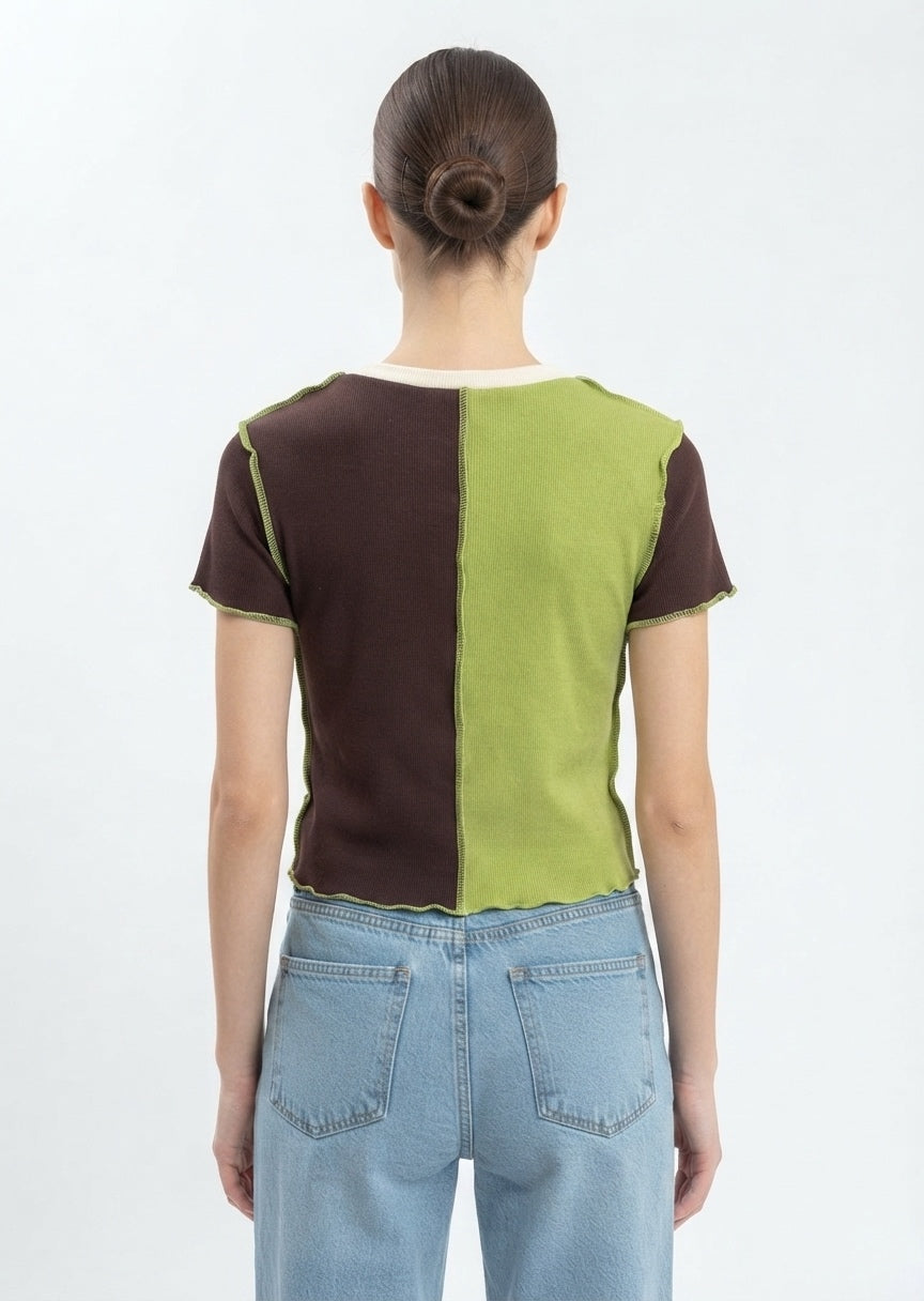 SHEIN Women's Colorblock Patchwork T-Shirt with Lettuce Trim - Brown & Lime Green
