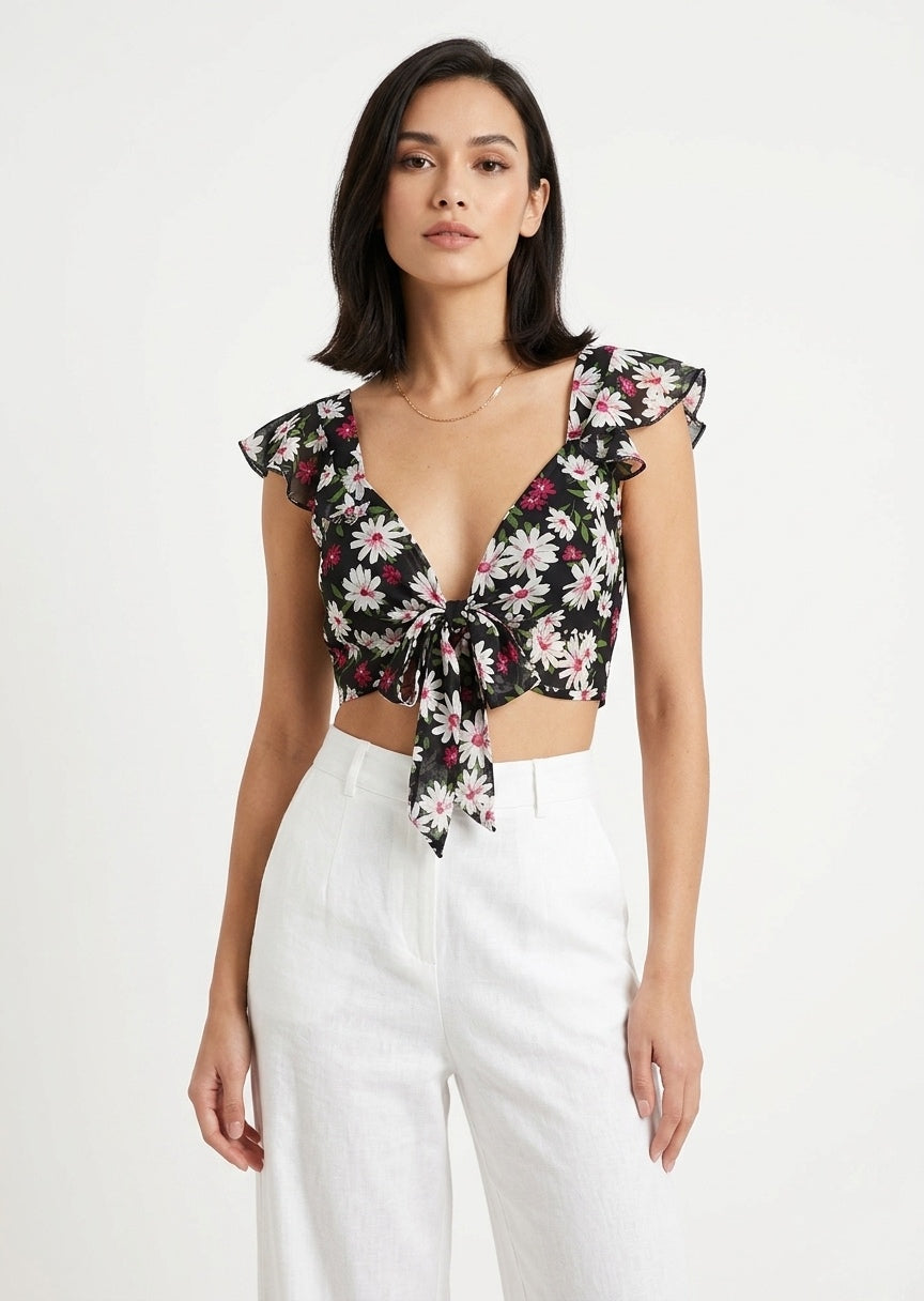 SHEIN Women's Floral Tie-Front Flutter-Sleeve Crop Top - Black