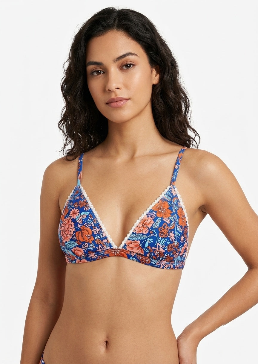 Shein Floral Print Triangle Bikini Top with Lace Trim