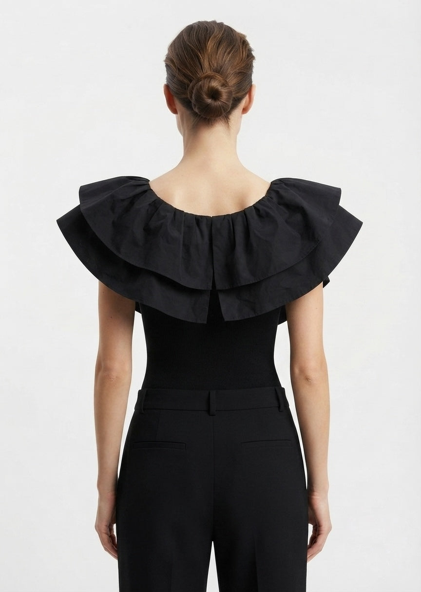 ZARA Women's Black Ruffled Layered Bodysuit - Chic Statement Collar Top