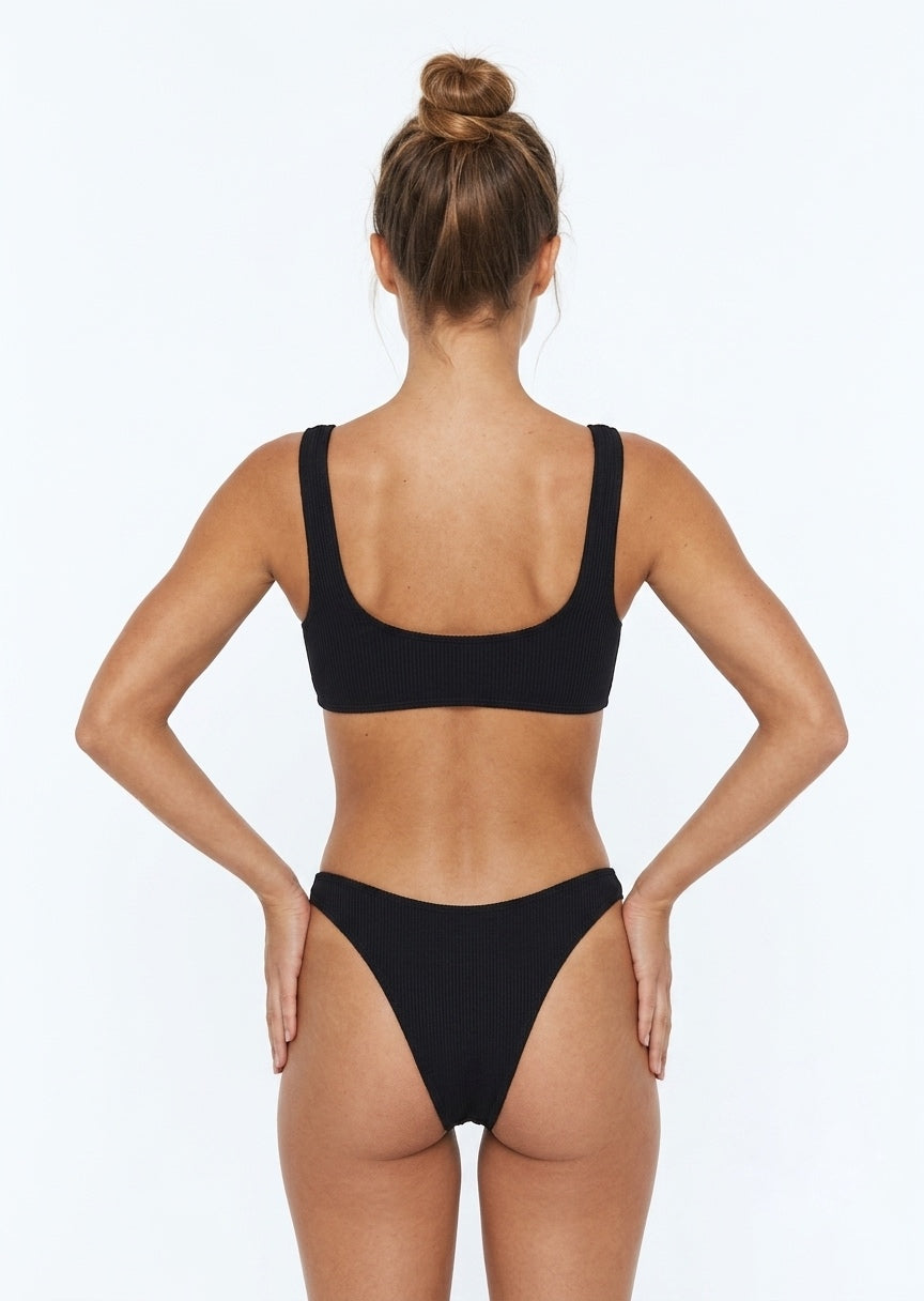 SHEIN Black Textured Scoop-Neck Bikini Set