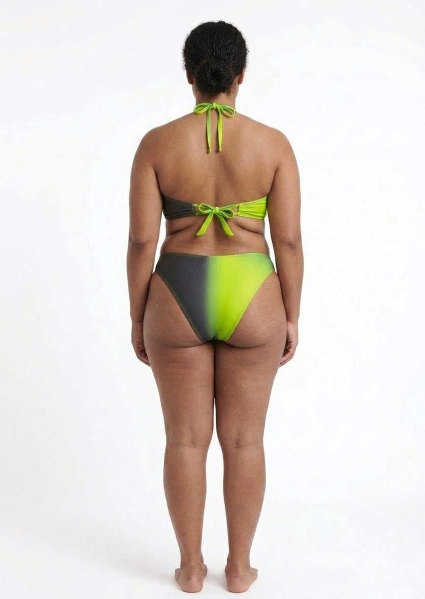 SHEIN Women's 3-Piece Bikini Set - Ombré Lime & Black Halter Swimsuit with Sarong