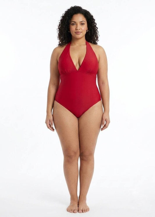 SHEIN Classic Red Halter Neck One-Piece Swimsuit - Elegant Beachwear