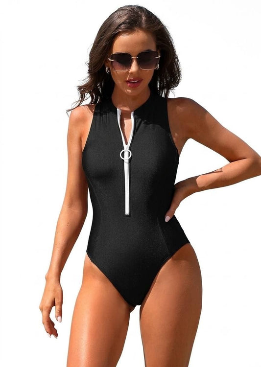 Sporty Black Zip-Front One-Piece Swimsuit