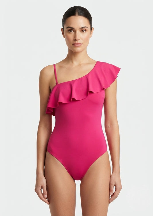 Kona Sol Brand Fuchsia One-Shoulder Ruffle One-Piece Swimsuit