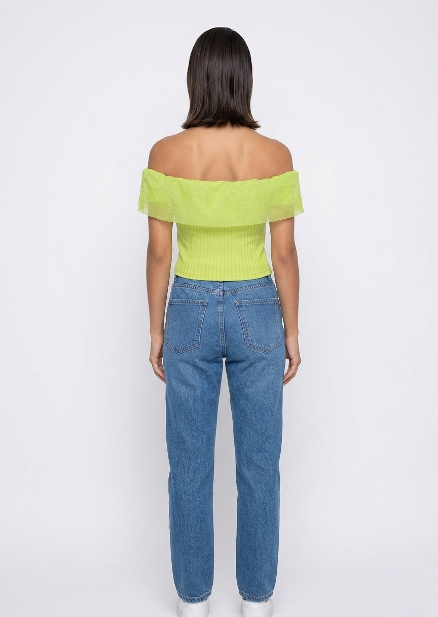 SHEIN Women's Off-The-Shoulder Mesh Trim Ribbed Knit Crop Top - Lime Green