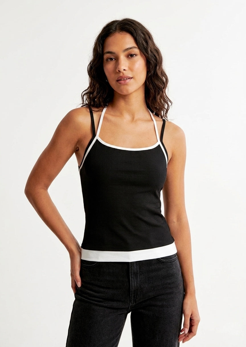 SHEIN Women's Contrast Trim Halter-Strap Ribbed Knit Tank Top - Black & White