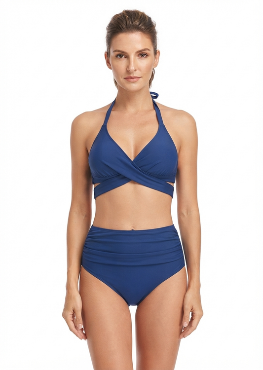 Kona Sol Brand Navy Blue Wrap-Front High-Waisted Bikini Set