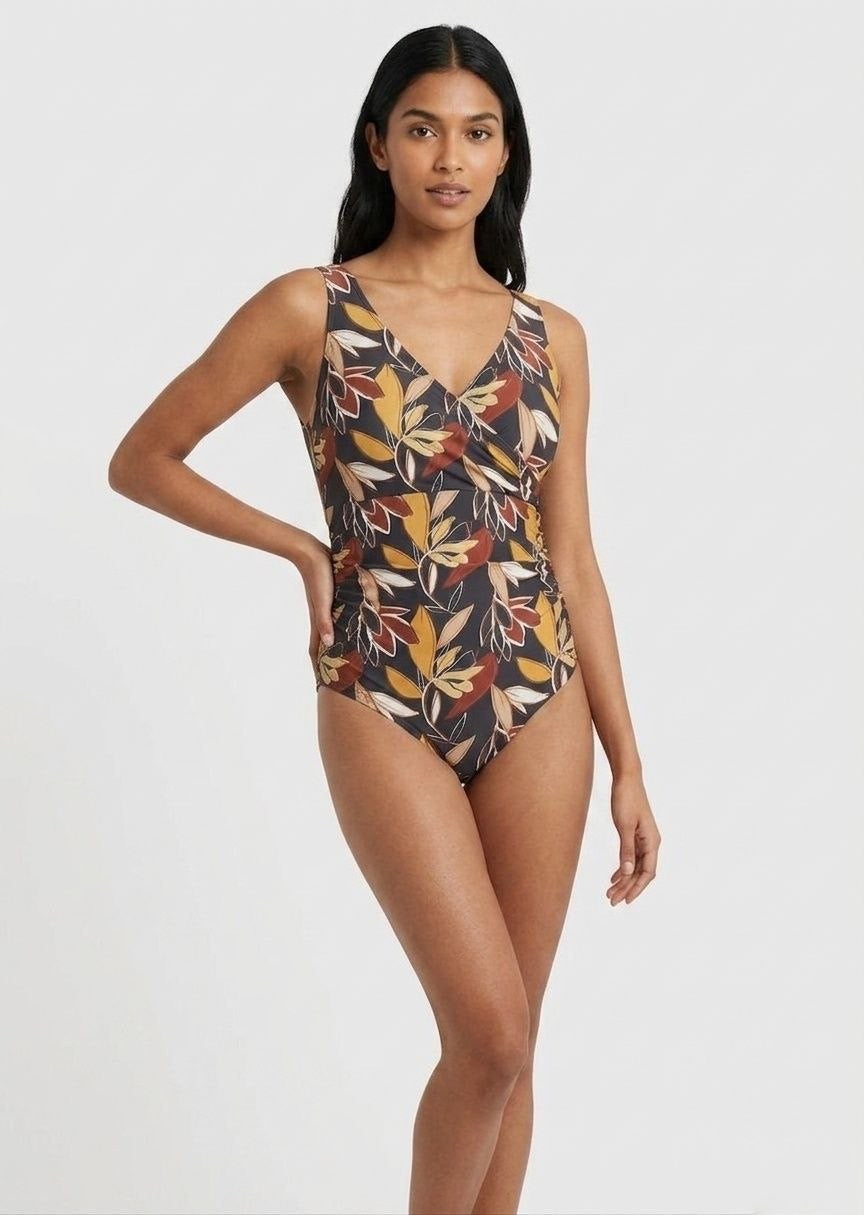 TU BRAND Women's Leaf Print Wrap-Front One-Piece Swimsuit - Autumnal Colors