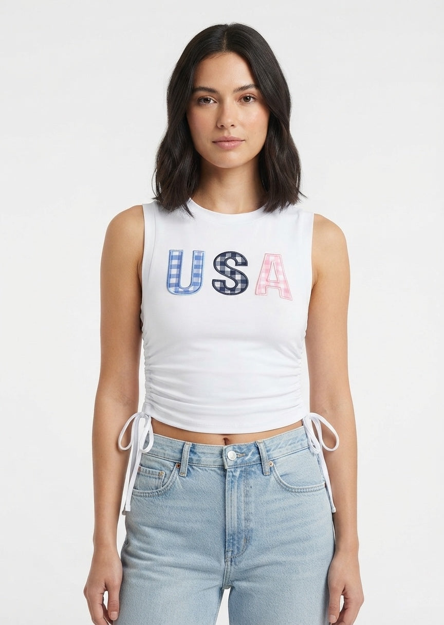 SHEIN Women's Gingham Plaid "USA" Graphic Ruched Crop Top - White