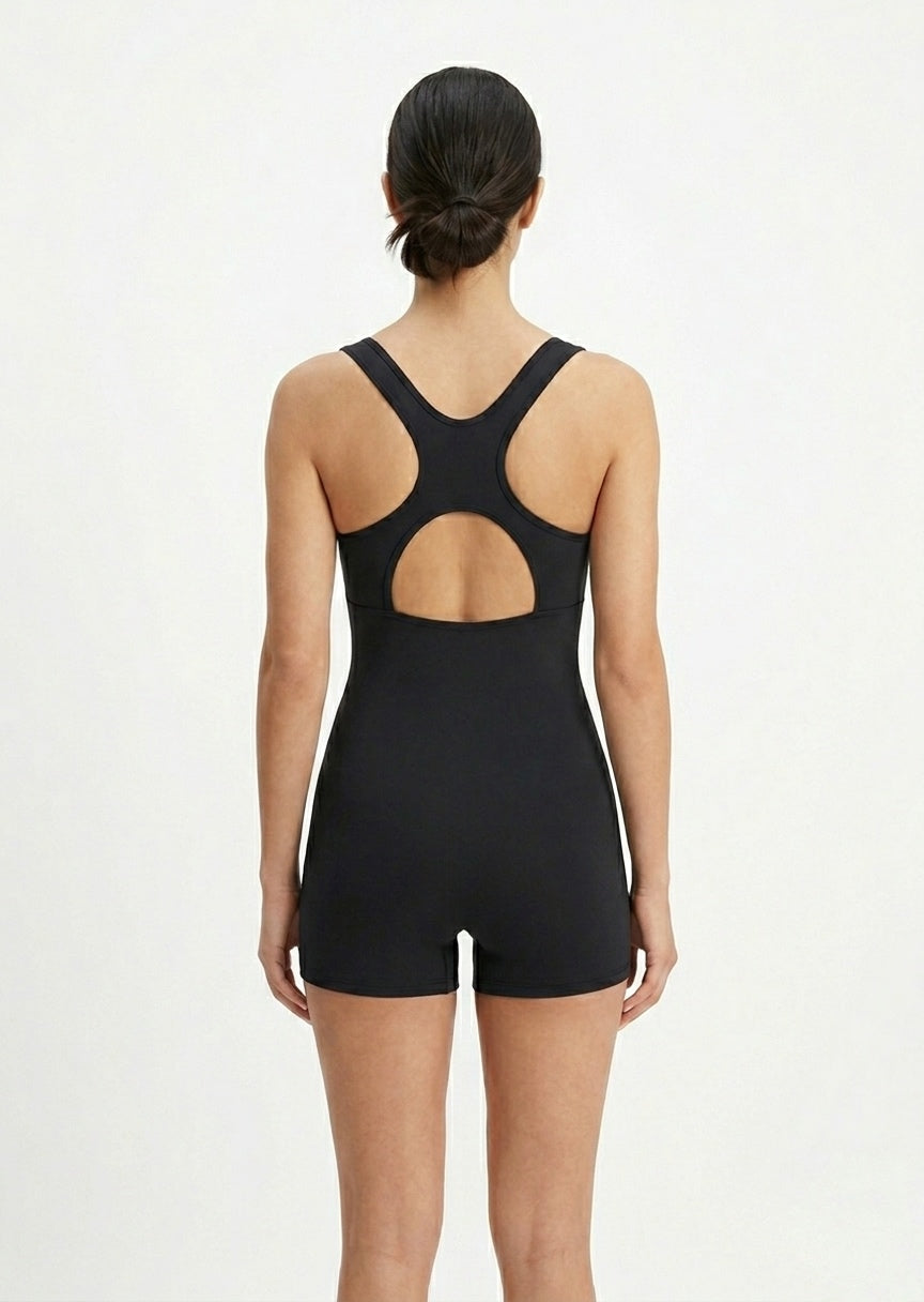 TU BRAND Black Athletic One-Piece Swim Romper with Racerback