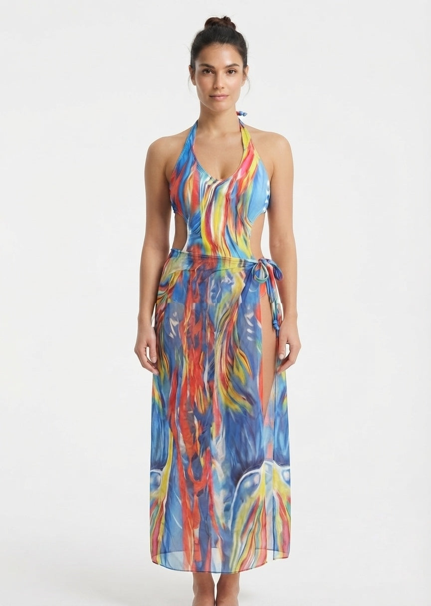 Shein Abstract Print Cutout One-Piece Swimsuit with Matching Sarong Cover-Up Set