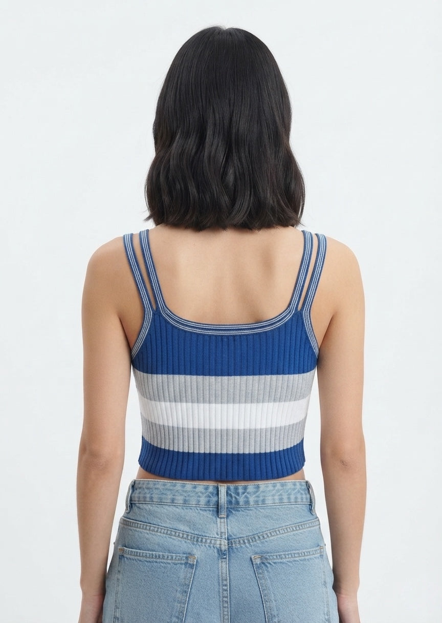 SHEIN Women's Striped Ribbed Knit Double-Strap Crop Top - Blue/White
