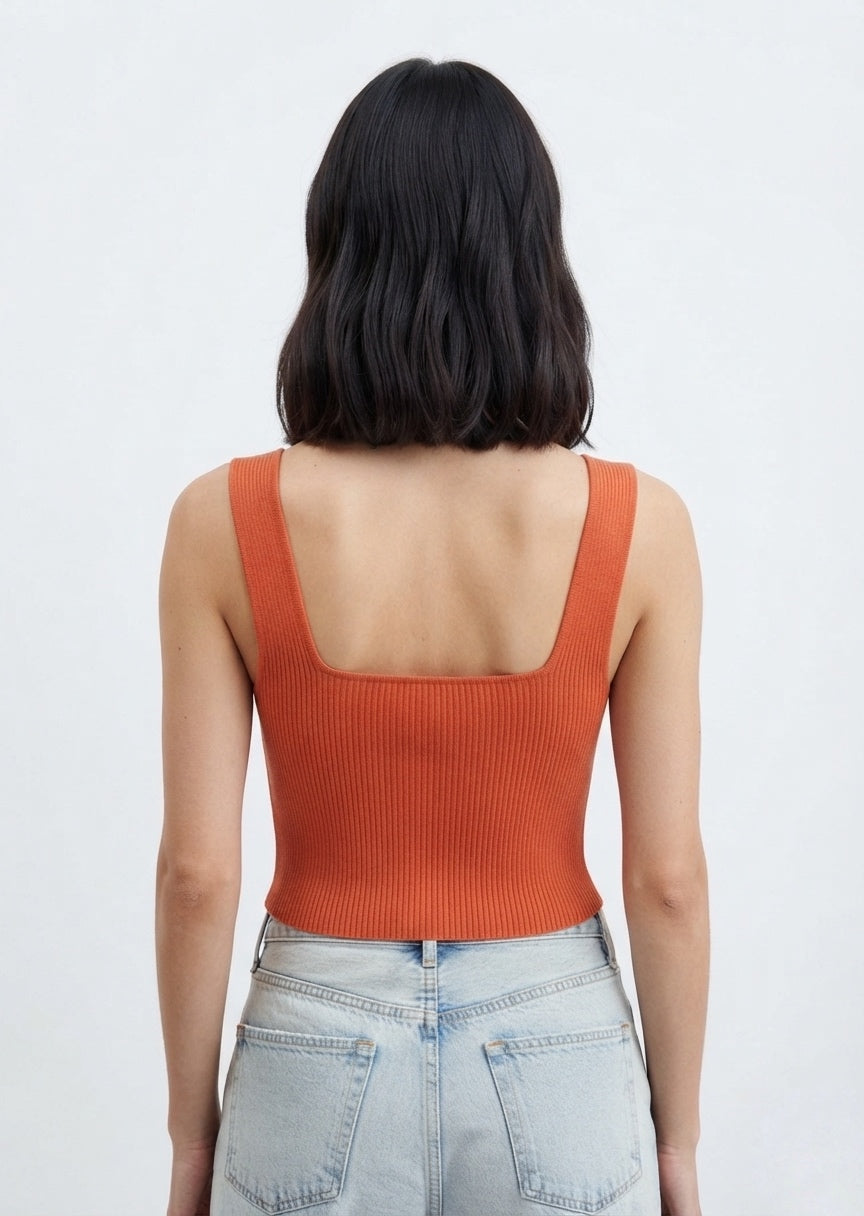 SHEIN Women's Ribbed Knit Square Neck Crop Top - Rust Orange