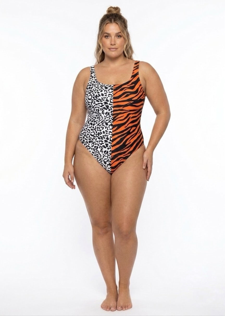 SHEIN Bold Color-Block Animal Print One-Piece Swimsuit