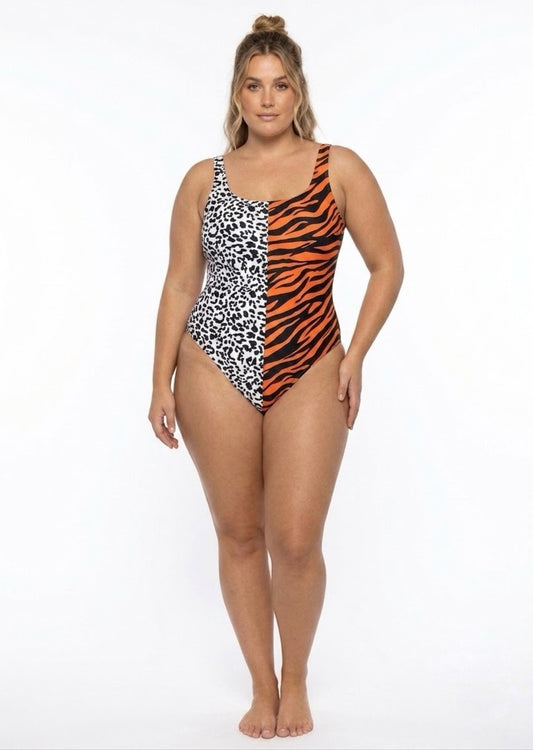 SHEIN Bold Color-Block Animal Print One-Piece Swimsuit
